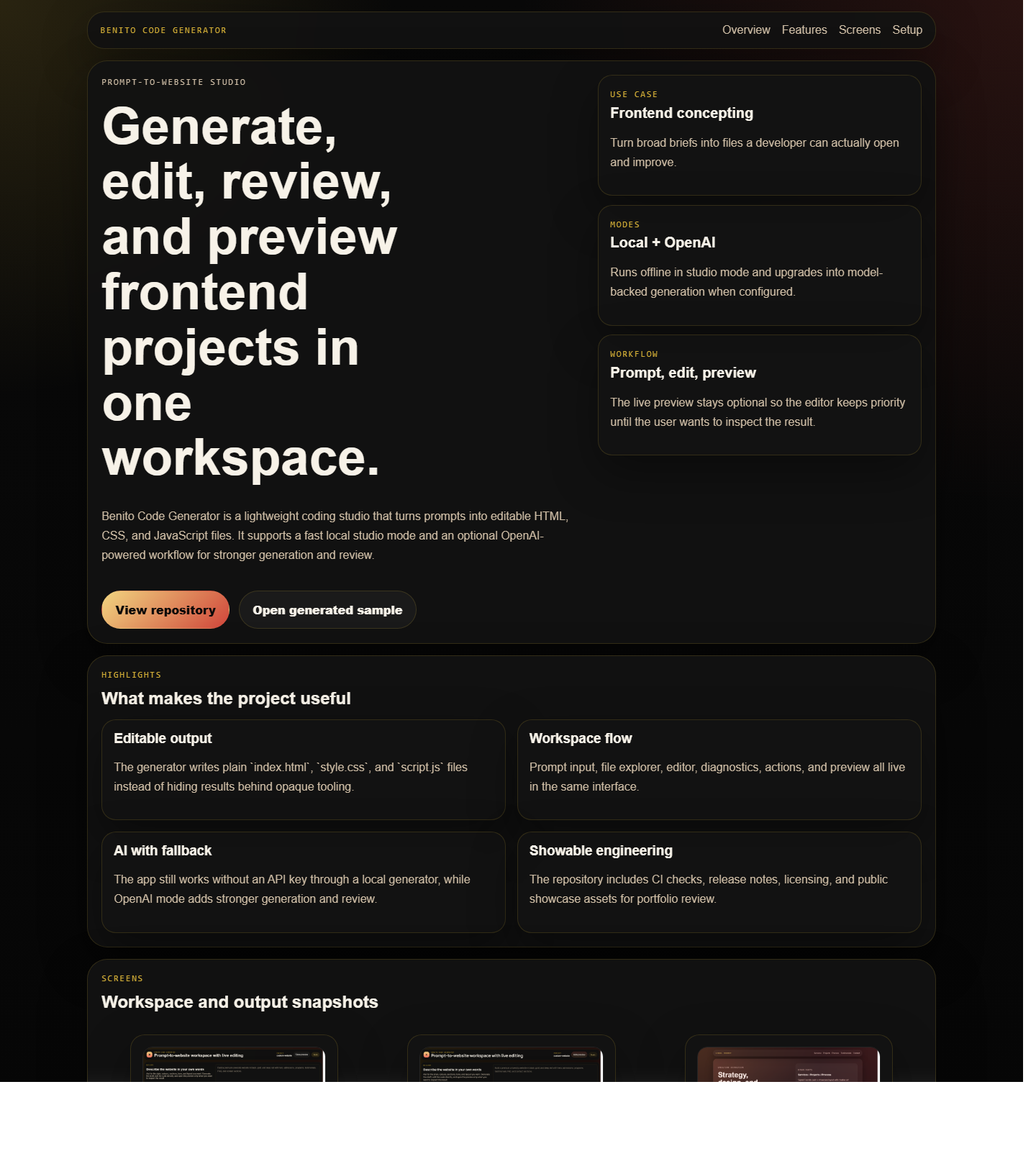 Public Benito Code Generator showcase page
